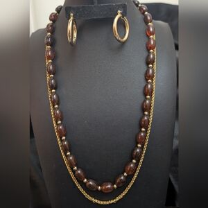 #36. Vintage Lucite Amber and Earring Set With Gold Chain